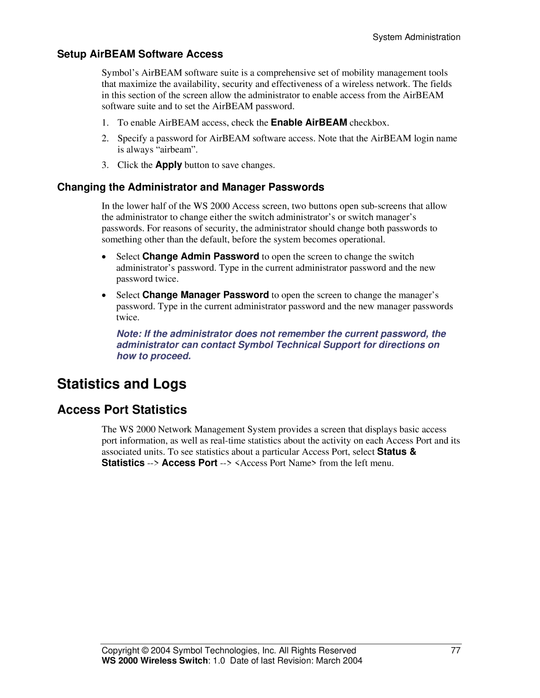 Symbol Technologies WS 2000 manual Statistics and Logs, Access Port Statistics, Setup AirBEAM Software Access 