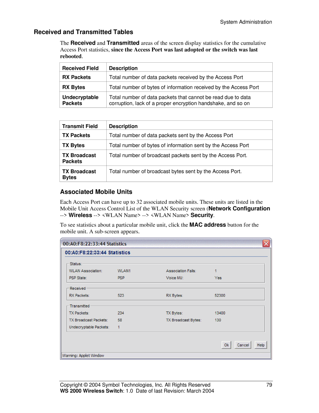 Symbol Technologies WS 2000 manual Received and Transmitted Tables, Associated Mobile Units 