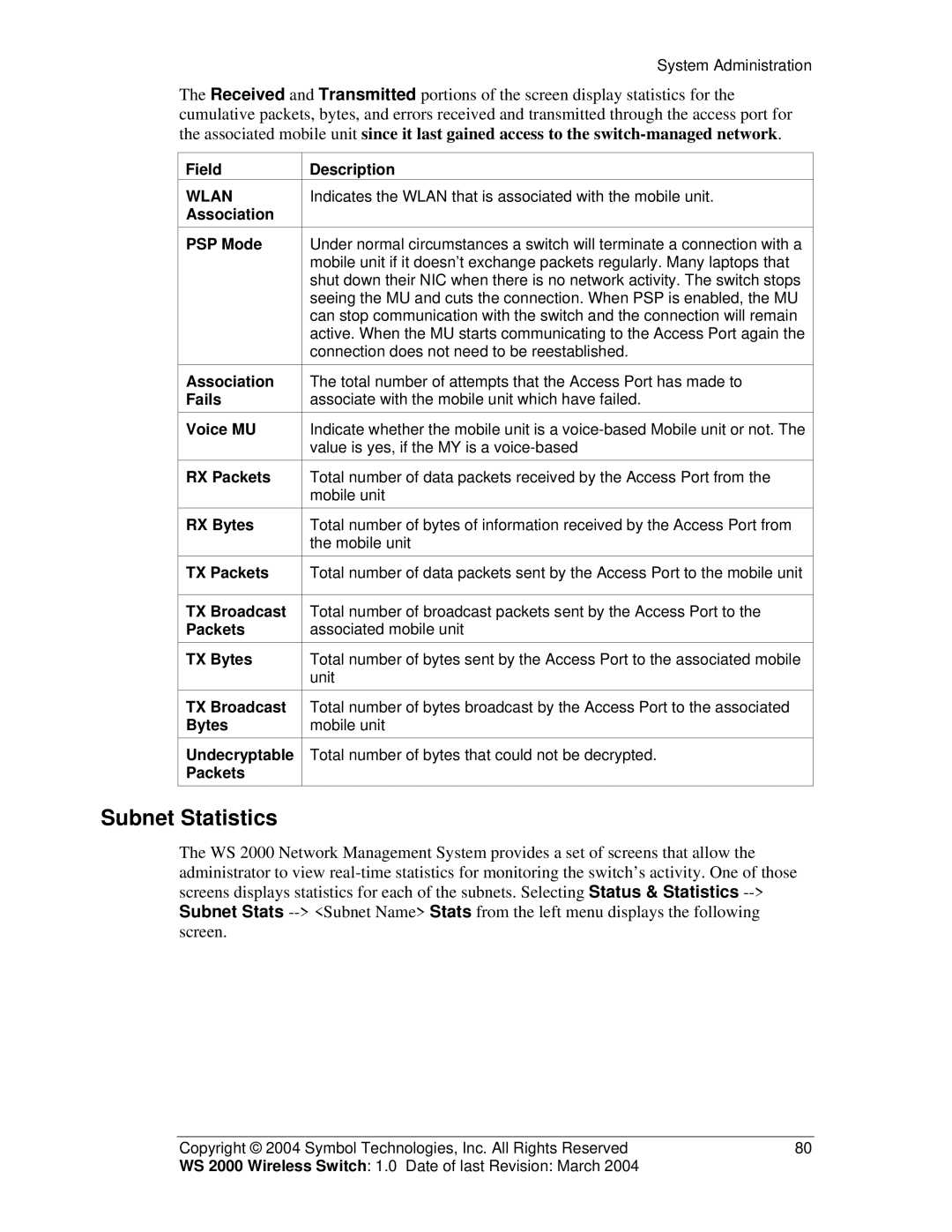 Symbol Technologies WS 2000 manual Subnet Statistics 