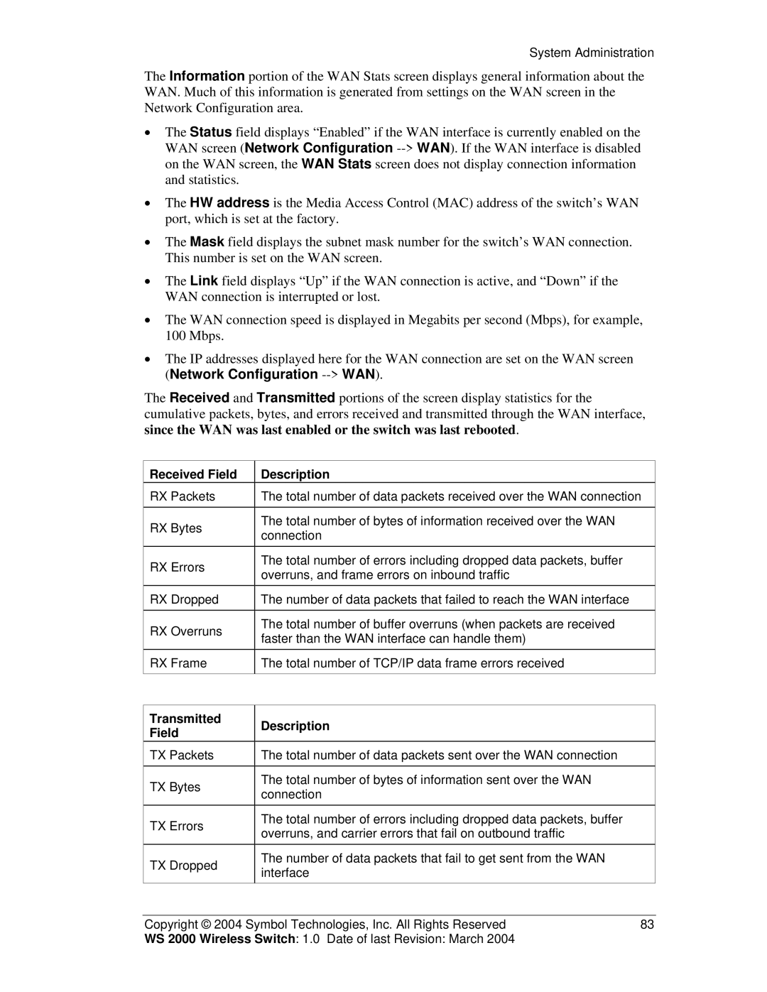 Symbol Technologies WS 2000 manual Received Field Description 