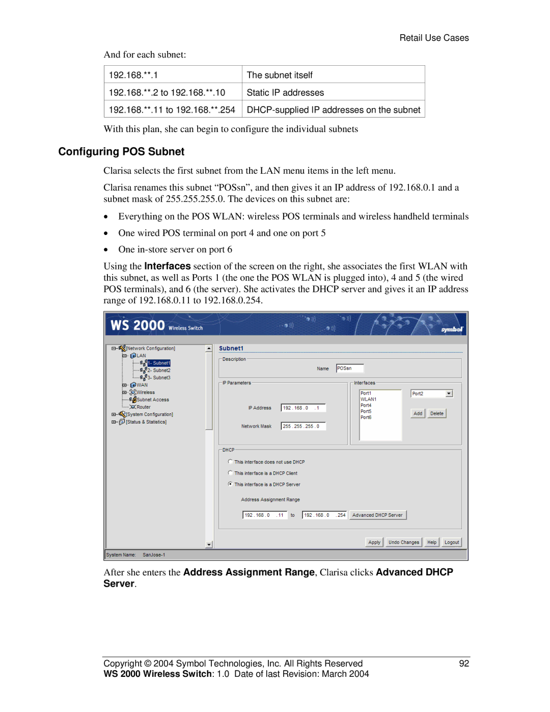 Symbol Technologies WS 2000 manual Configuring POS Subnet, For each subnet 