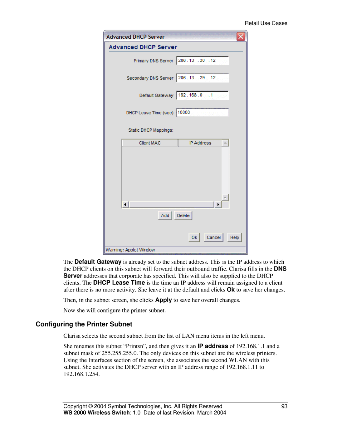 Symbol Technologies WS 2000 manual Configuring the Printer Subnet 