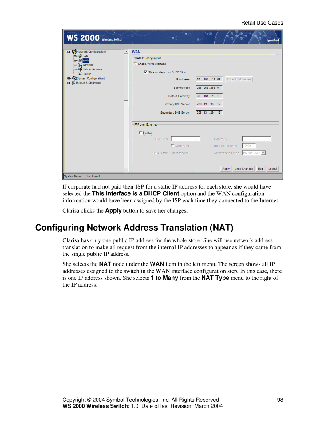 Symbol Technologies WS 2000 manual Configuring Network Address Translation NAT 