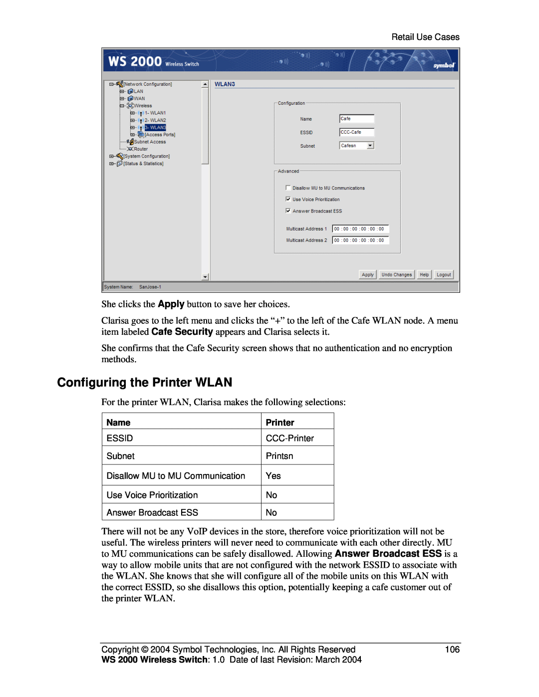 Symbol Technologies WS 2000 manual Configuring the Printer WLAN 