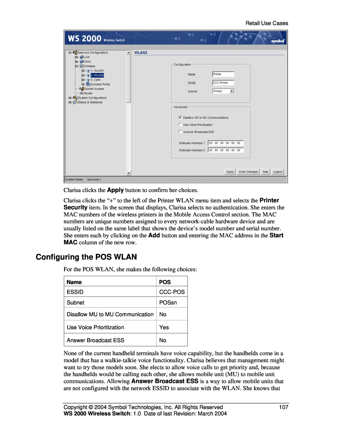 Symbol Technologies WS 2000 manual Configuring the POS WLAN 