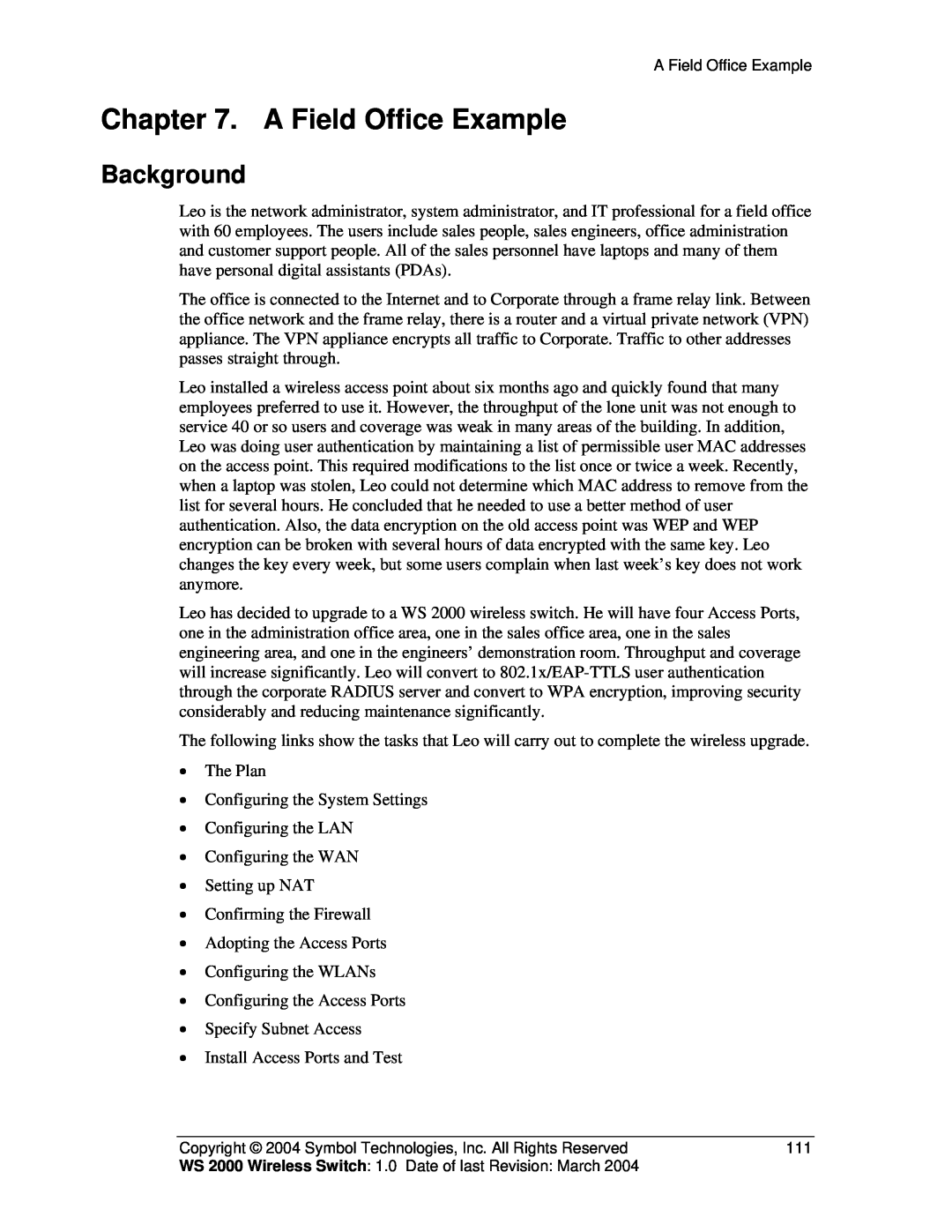 Symbol Technologies WS 2000 manual A Field Office Example, Background 