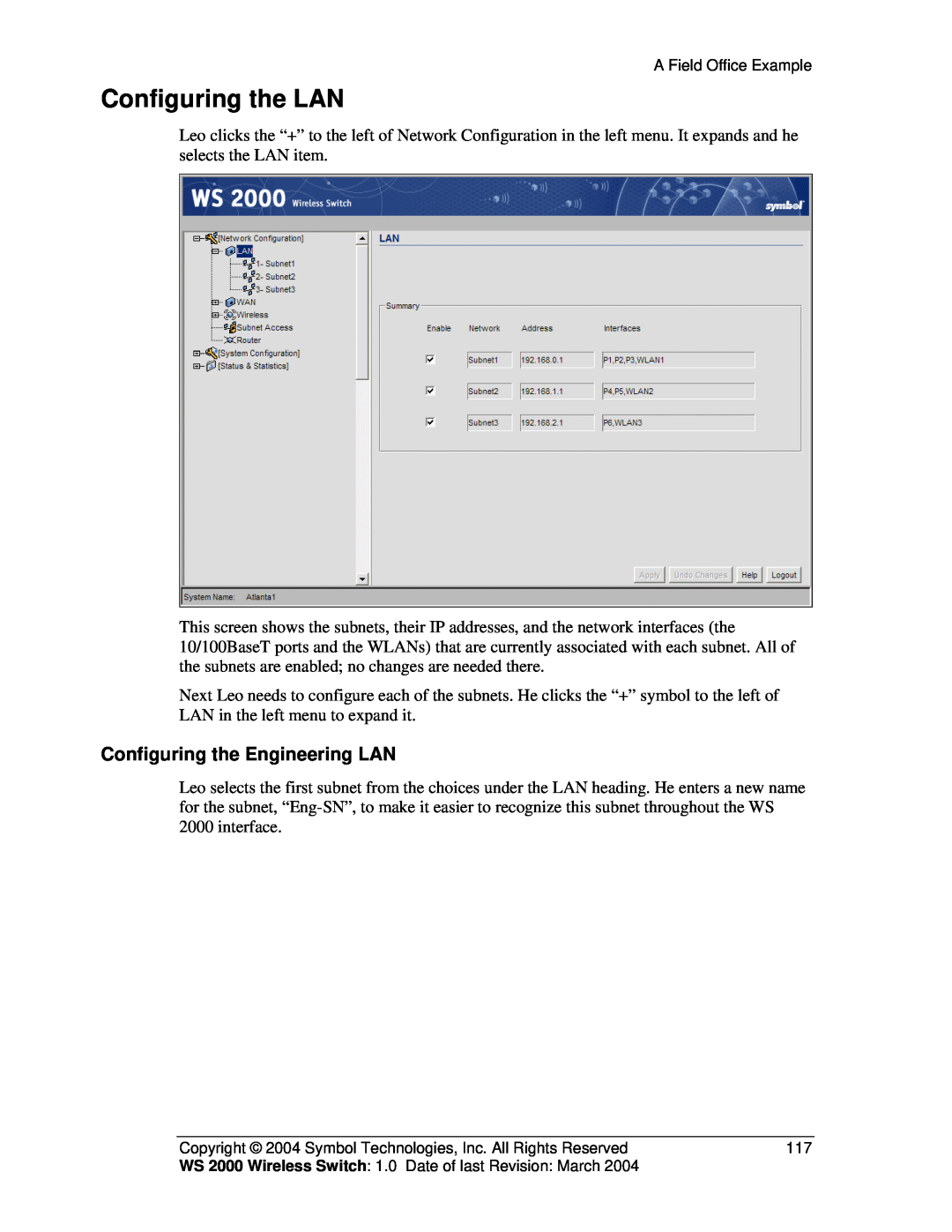 Symbol Technologies WS 2000 manual Configuring the LAN, Configuring the Engineering LAN 