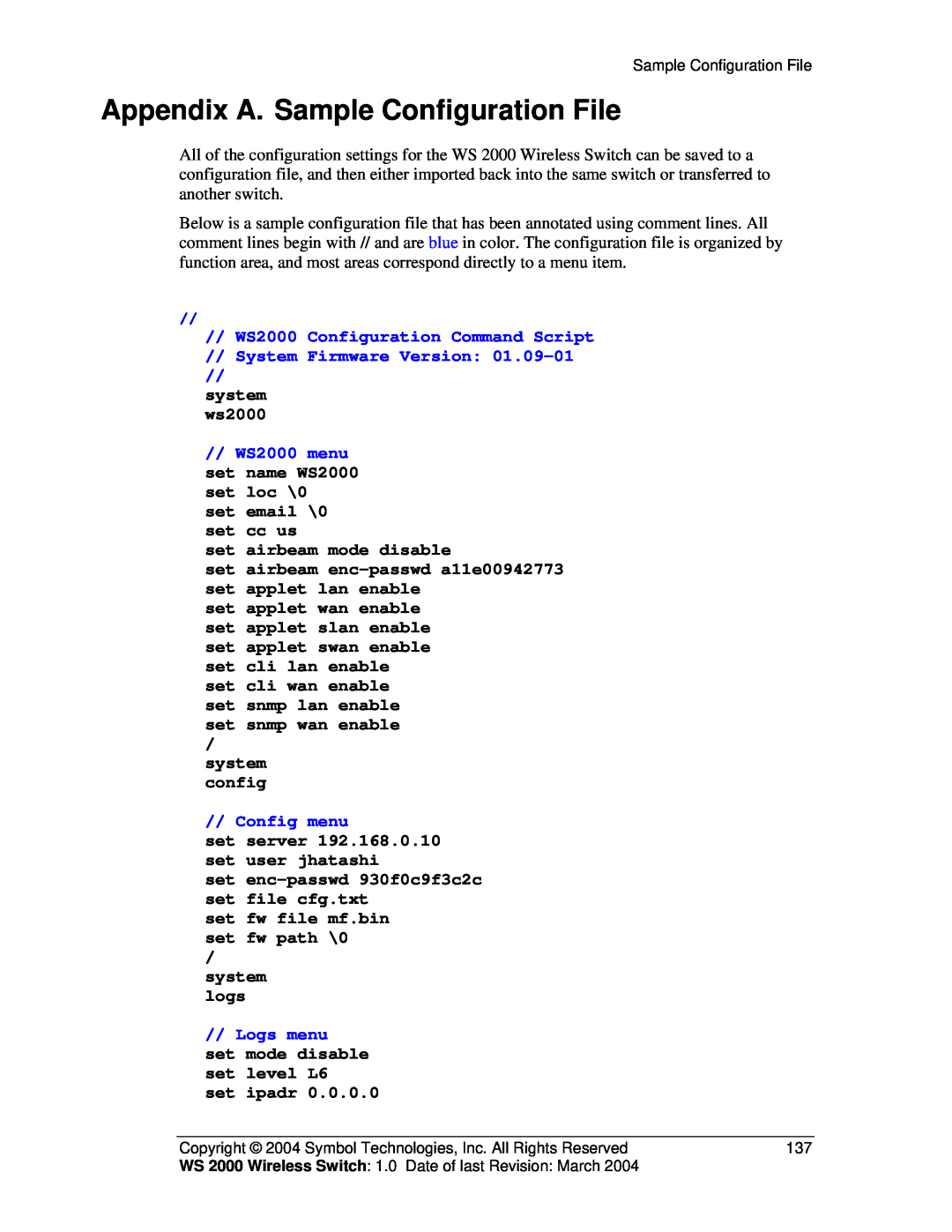 Symbol Technologies WS 2000 manual Appendix A. Sample Configuration File, WS2000 menu, Config menu, Logs menu 