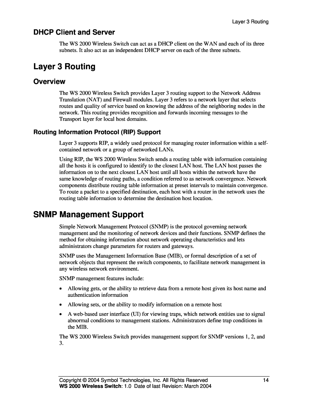 Symbol Technologies WS 2000 manual Layer 3 Routing, SNMP Management Support, DHCP Client and Server, Overview 