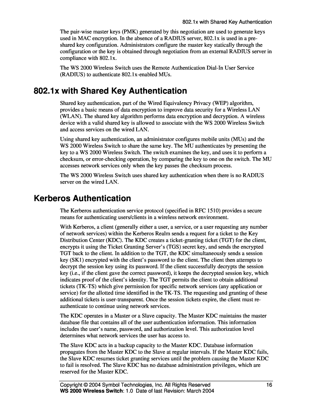 Symbol Technologies WS 2000 manual 802.1x with Shared Key Authentication, Kerberos Authentication 