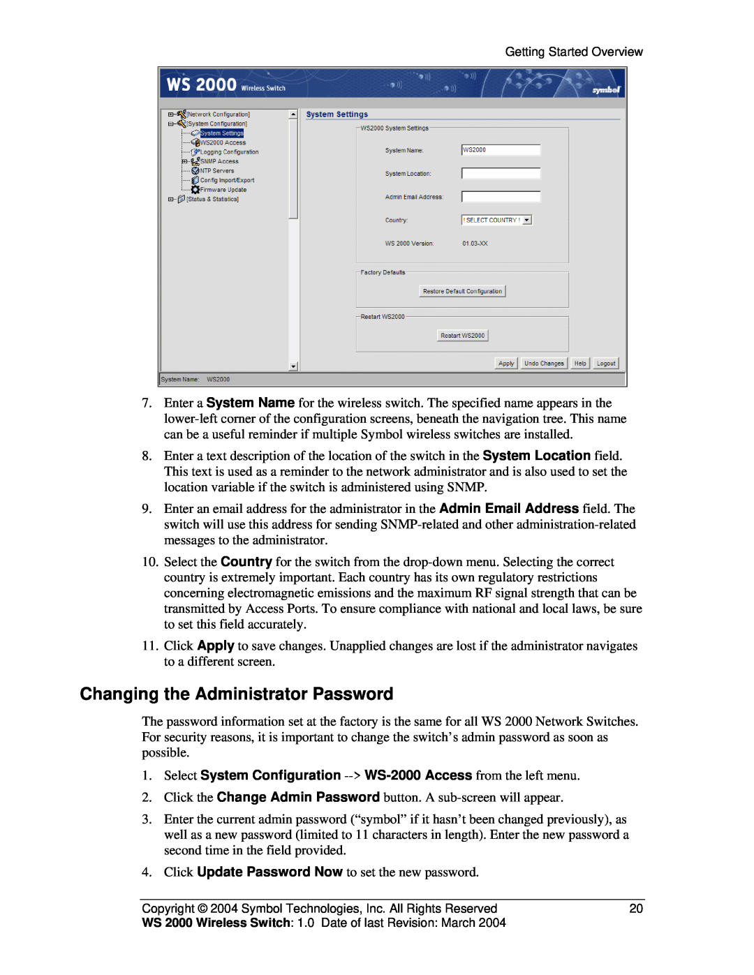 Symbol Technologies WS 2000 manual Changing the Administrator Password 
