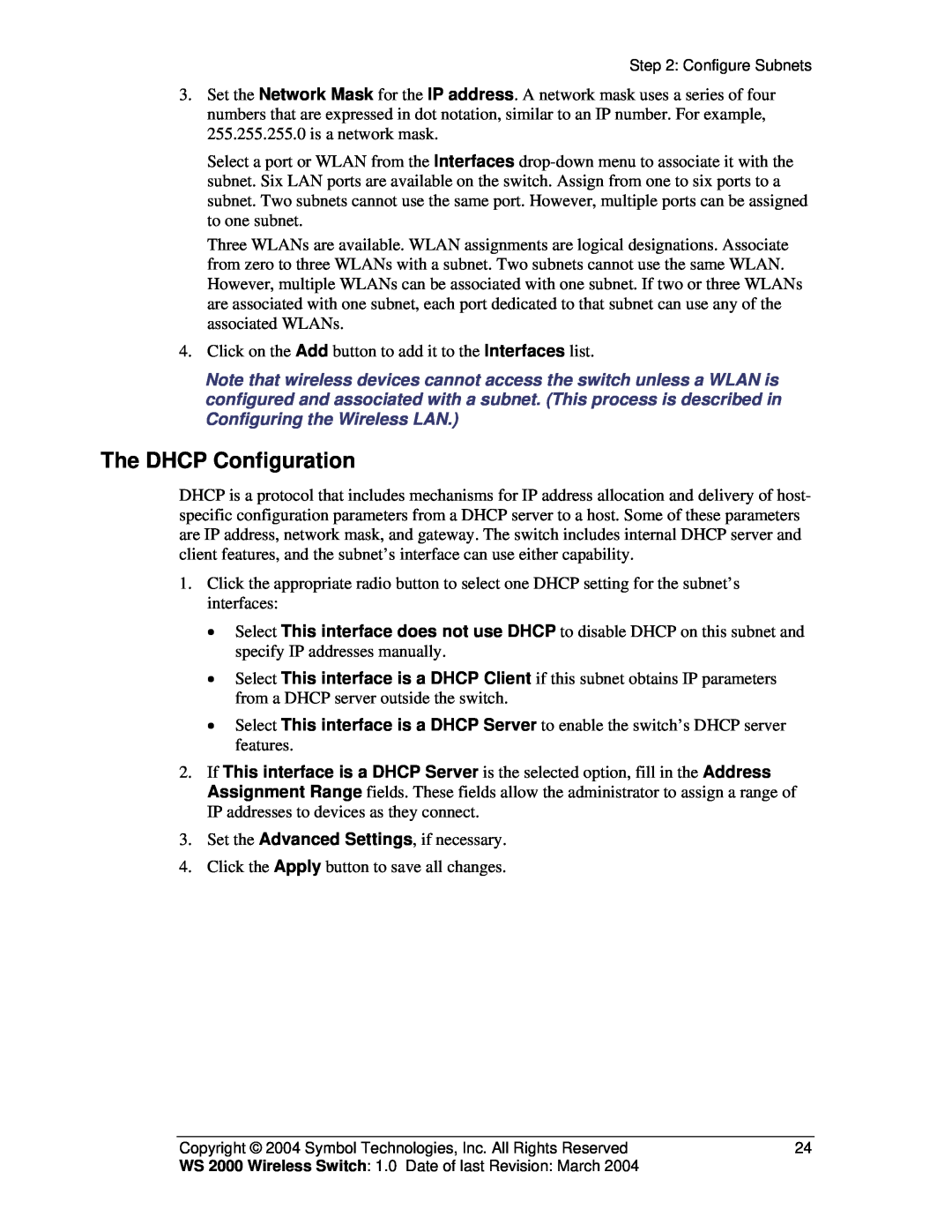 Symbol Technologies WS 2000 manual The DHCP Configuration 