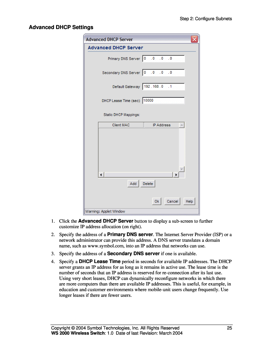 Symbol Technologies WS 2000 manual Advanced DHCP Settings 