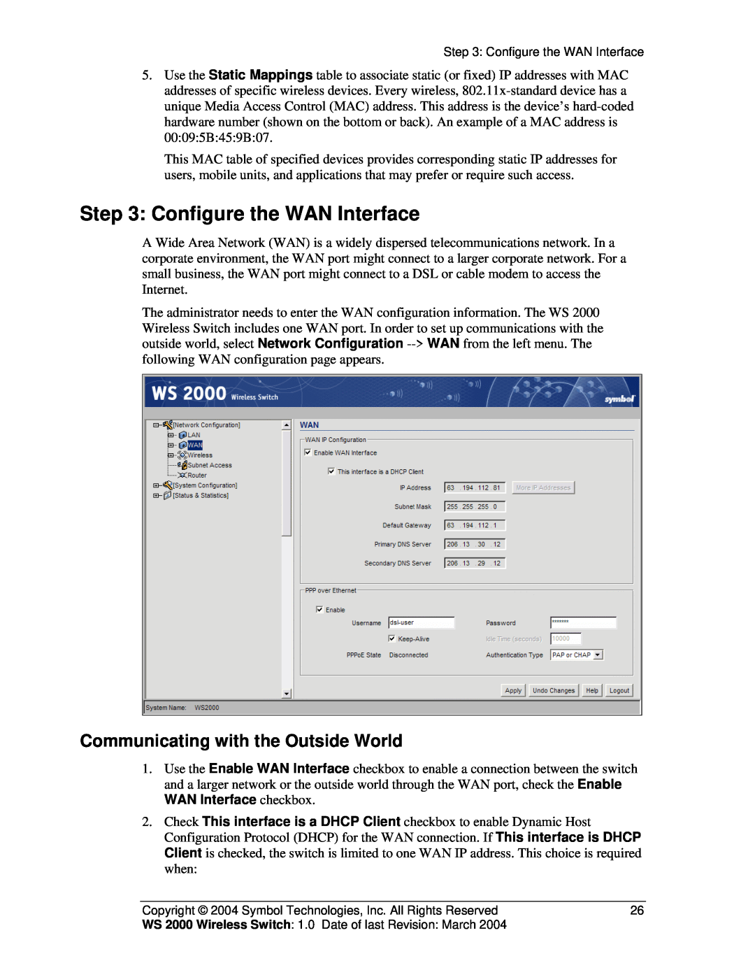 Symbol Technologies WS 2000 manual Configure the WAN Interface, Communicating with the Outside World 