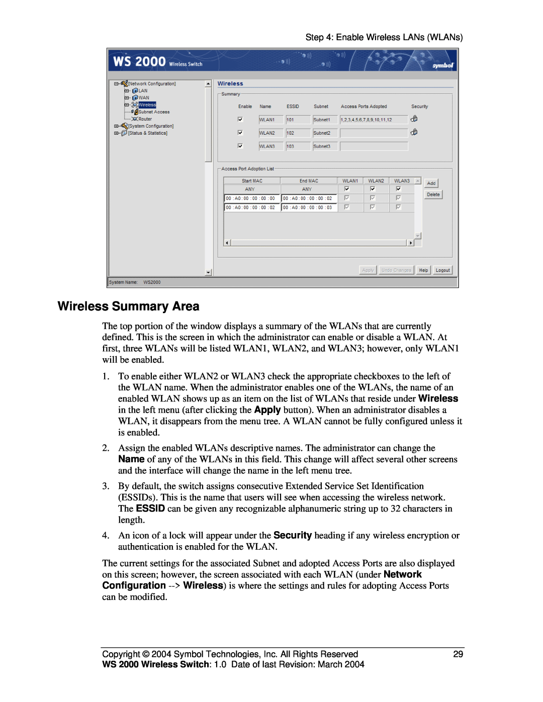 Symbol Technologies WS 2000 manual Wireless Summary Area 