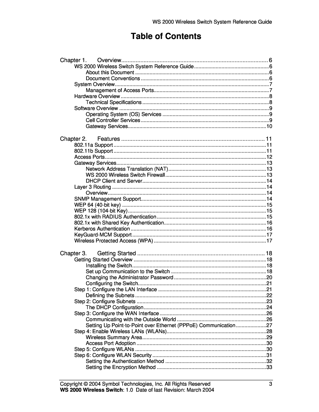 Symbol Technologies WS 2000 manual Table of Contents, Chapter, Overview, Features, Getting Started 