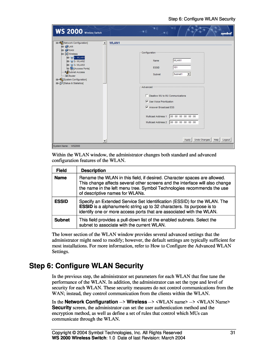 Symbol Technologies WS 2000 manual Configure WLAN Security 