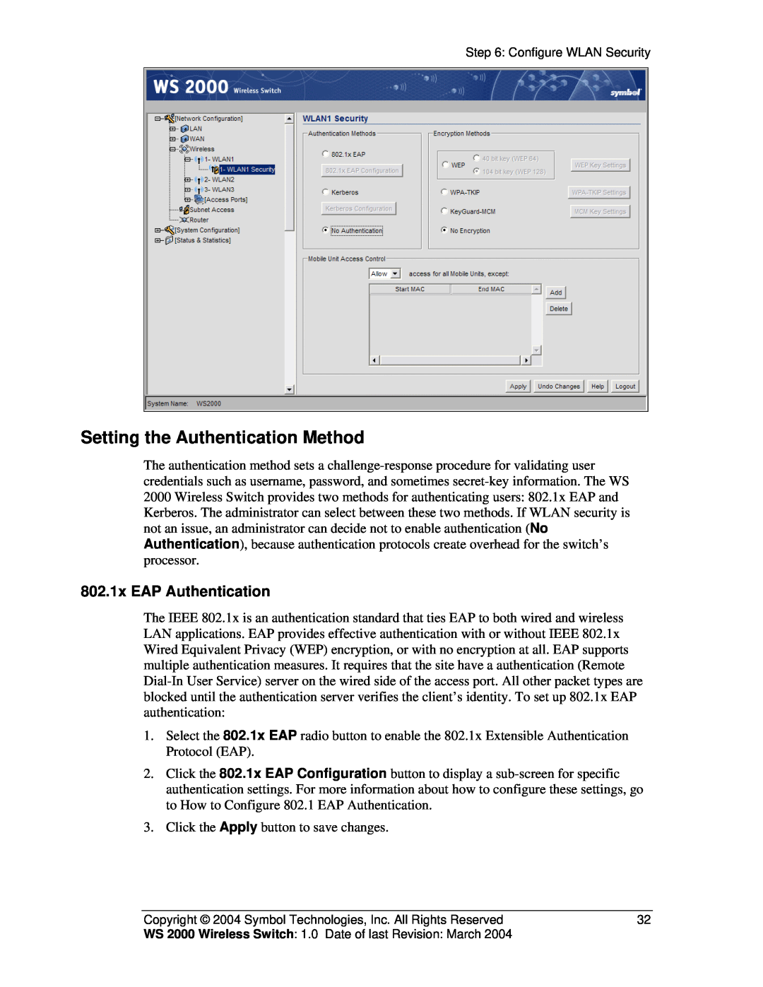 Symbol Technologies WS 2000 manual Setting the Authentication Method, 802.1x EAP Authentication 