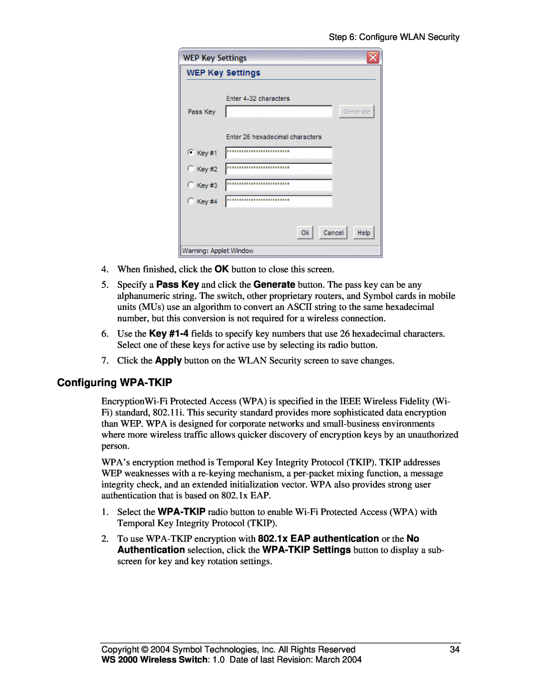 Symbol Technologies WS 2000 manual Configuring WPA-TKIP 