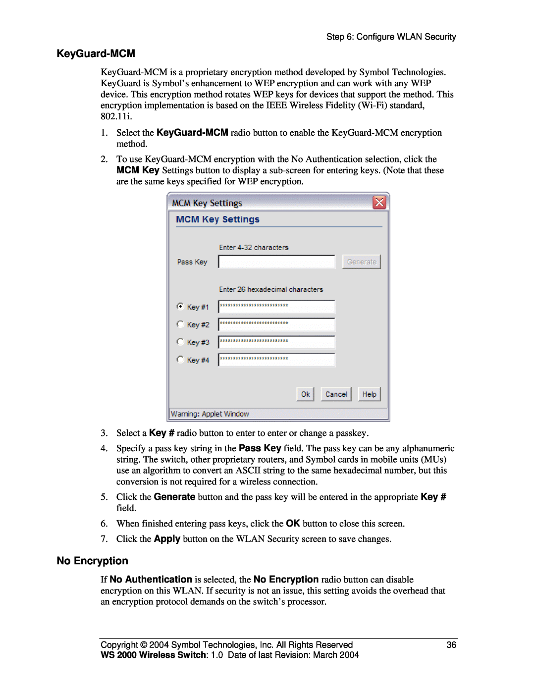 Symbol Technologies WS 2000 manual KeyGuard-MCM, No Encryption 