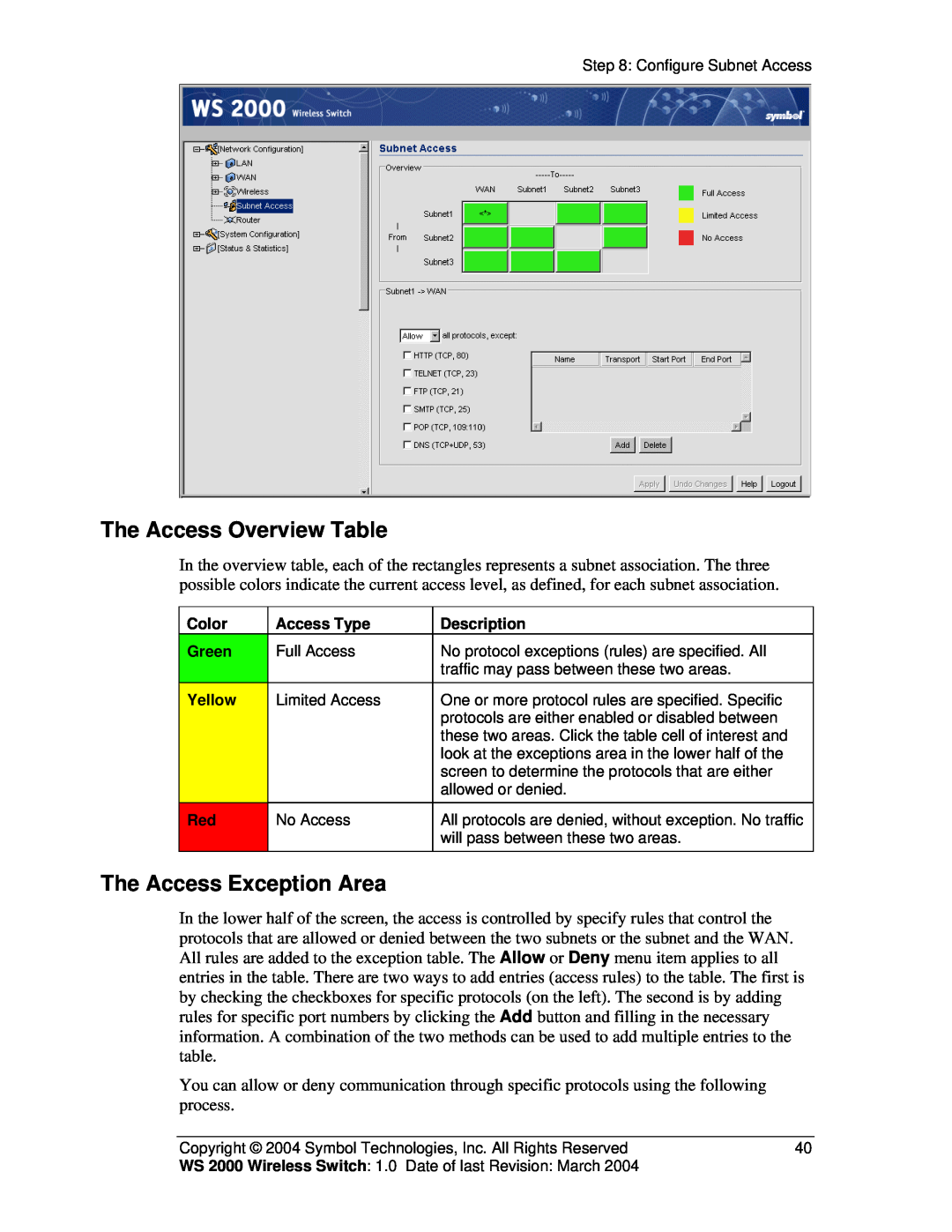 Symbol Technologies WS 2000 manual The Access Overview Table, The Access Exception Area 