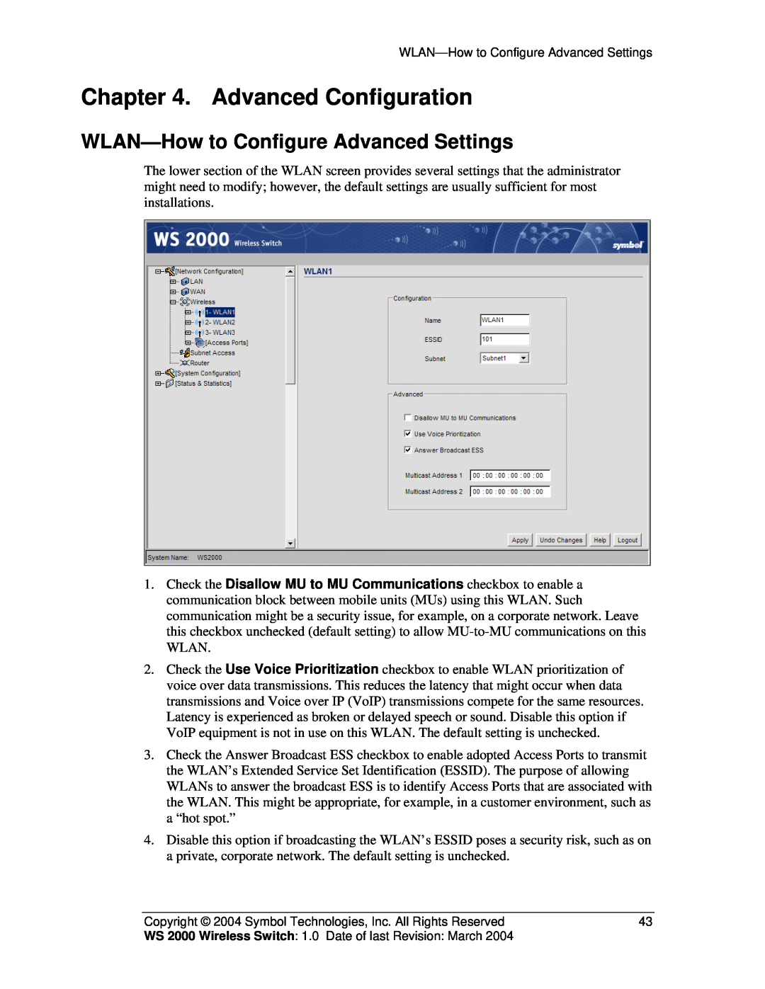 Symbol Technologies WS 2000 manual Advanced Configuration, WLAN-How to Configure Advanced Settings 