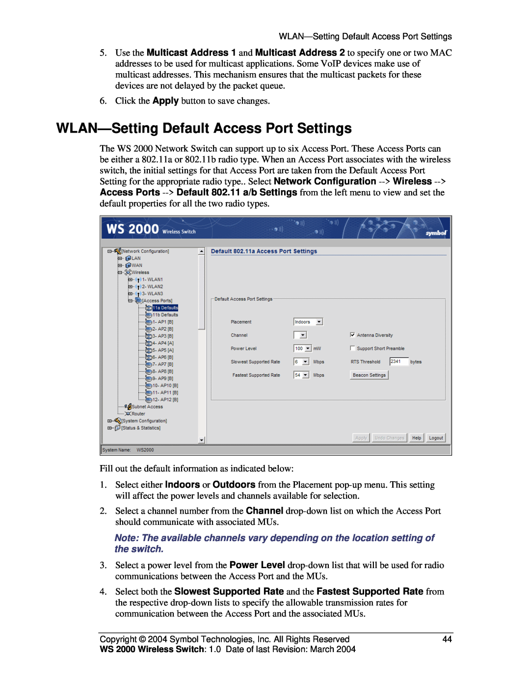 Symbol Technologies WS 2000 manual WLAN-Setting Default Access Port Settings 