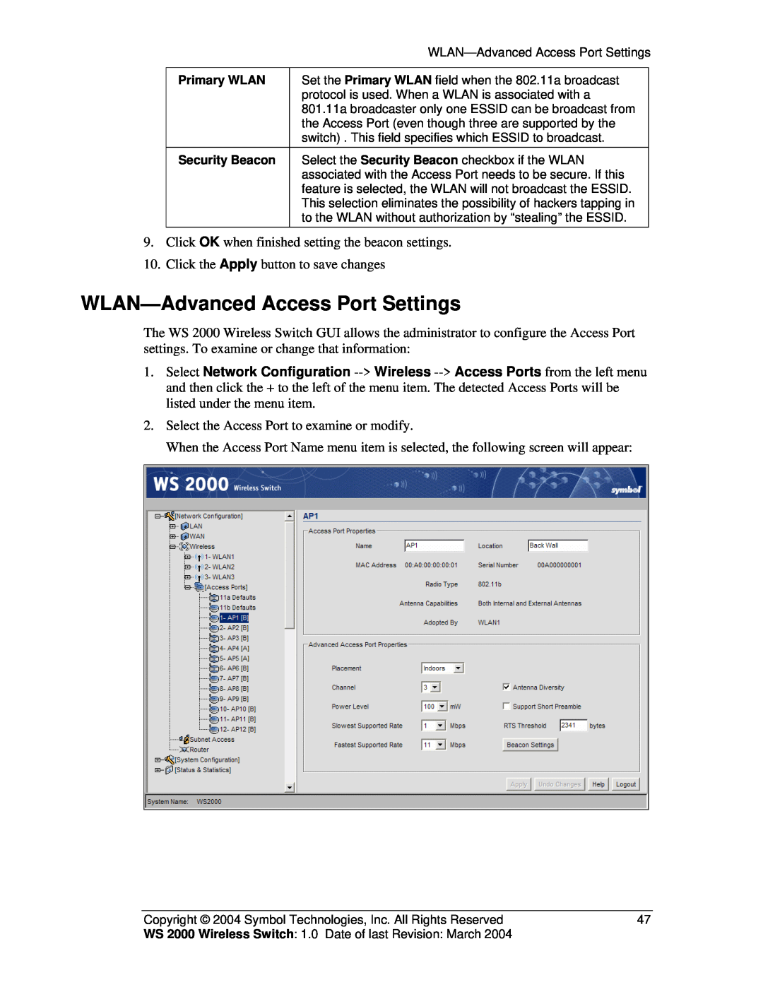 Symbol Technologies WS 2000 manual WLAN-Advanced Access Port Settings 