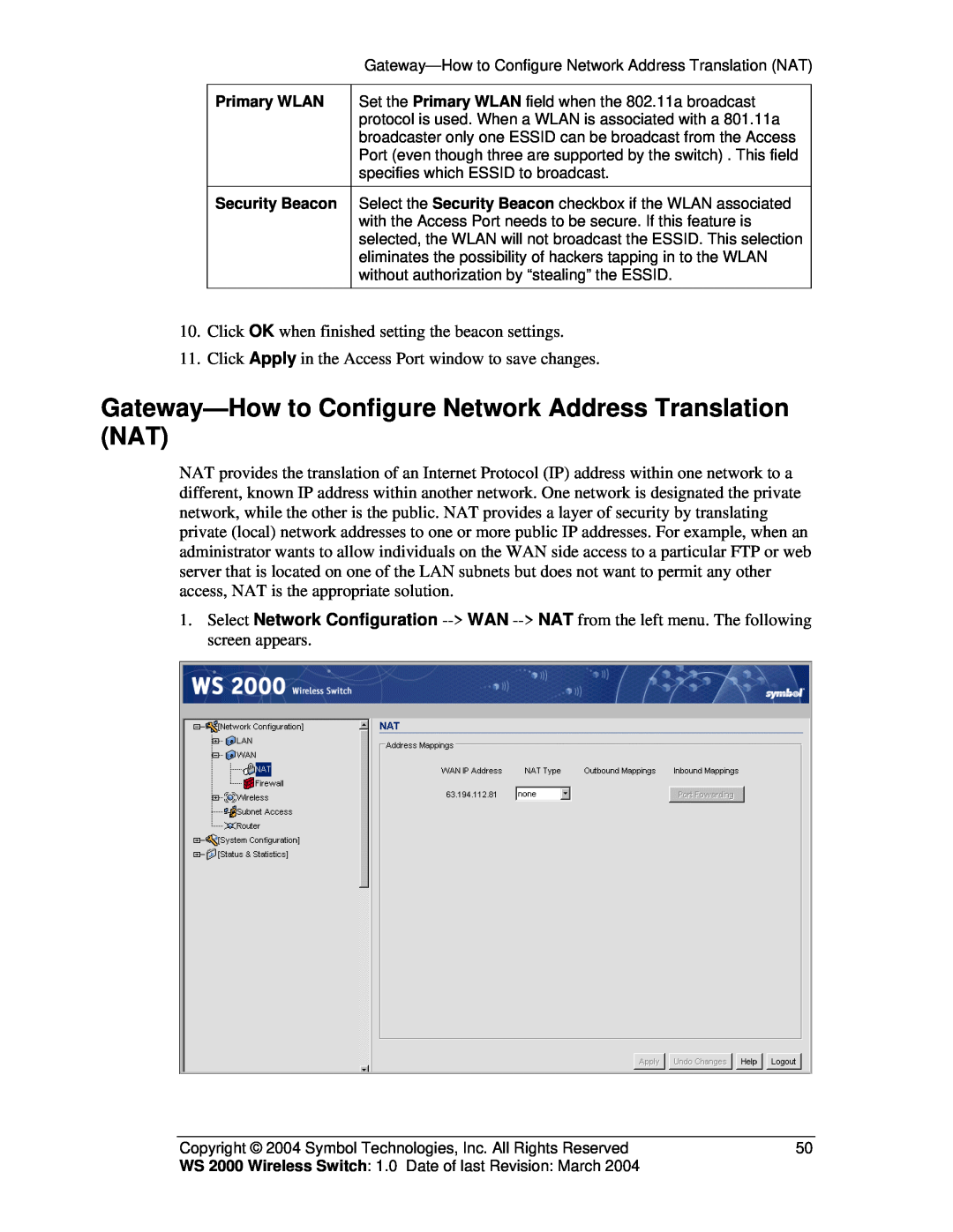 Symbol Technologies WS 2000 manual Gateway-How to Configure Network Address Translation NAT 