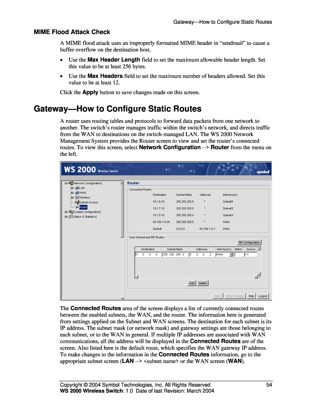 Symbol Technologies WS 2000 manual Gateway-How to Configure Static Routes, MIME Flood Attack Check 