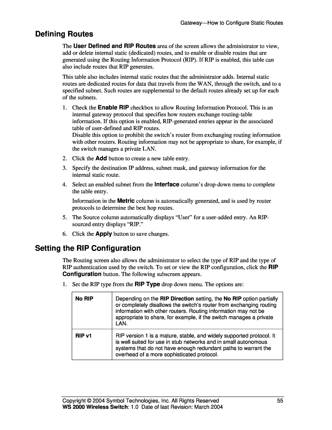 Symbol Technologies WS 2000 manual Defining Routes, Setting the RIP Configuration, No RIP 