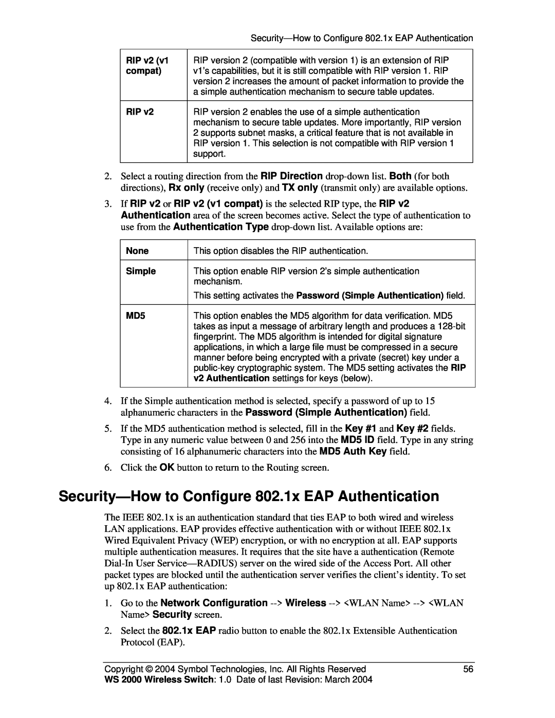Symbol Technologies WS 2000 manual Security-How to Configure 802.1x EAP Authentication 