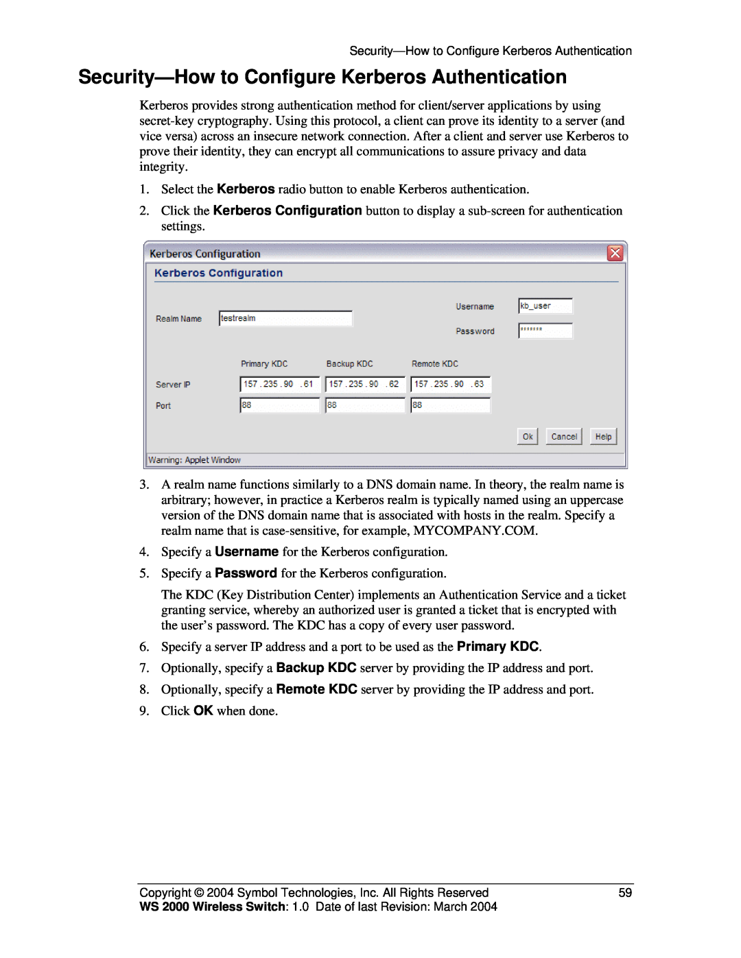Symbol Technologies WS 2000 manual Security-How to Configure Kerberos Authentication 