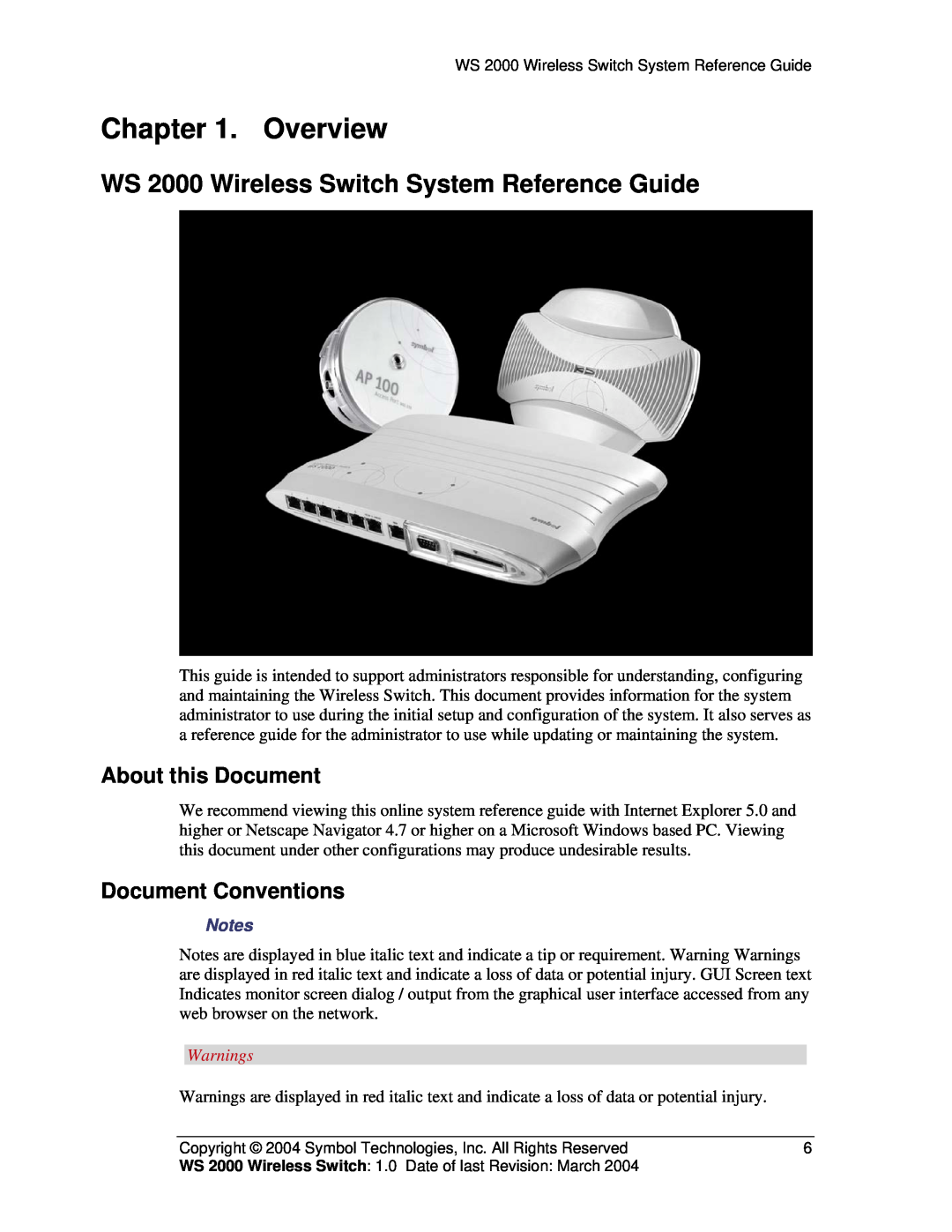 Symbol Technologies Overview, WS 2000 Wireless Switch System Reference Guide, About this Document, Document Conventions 
