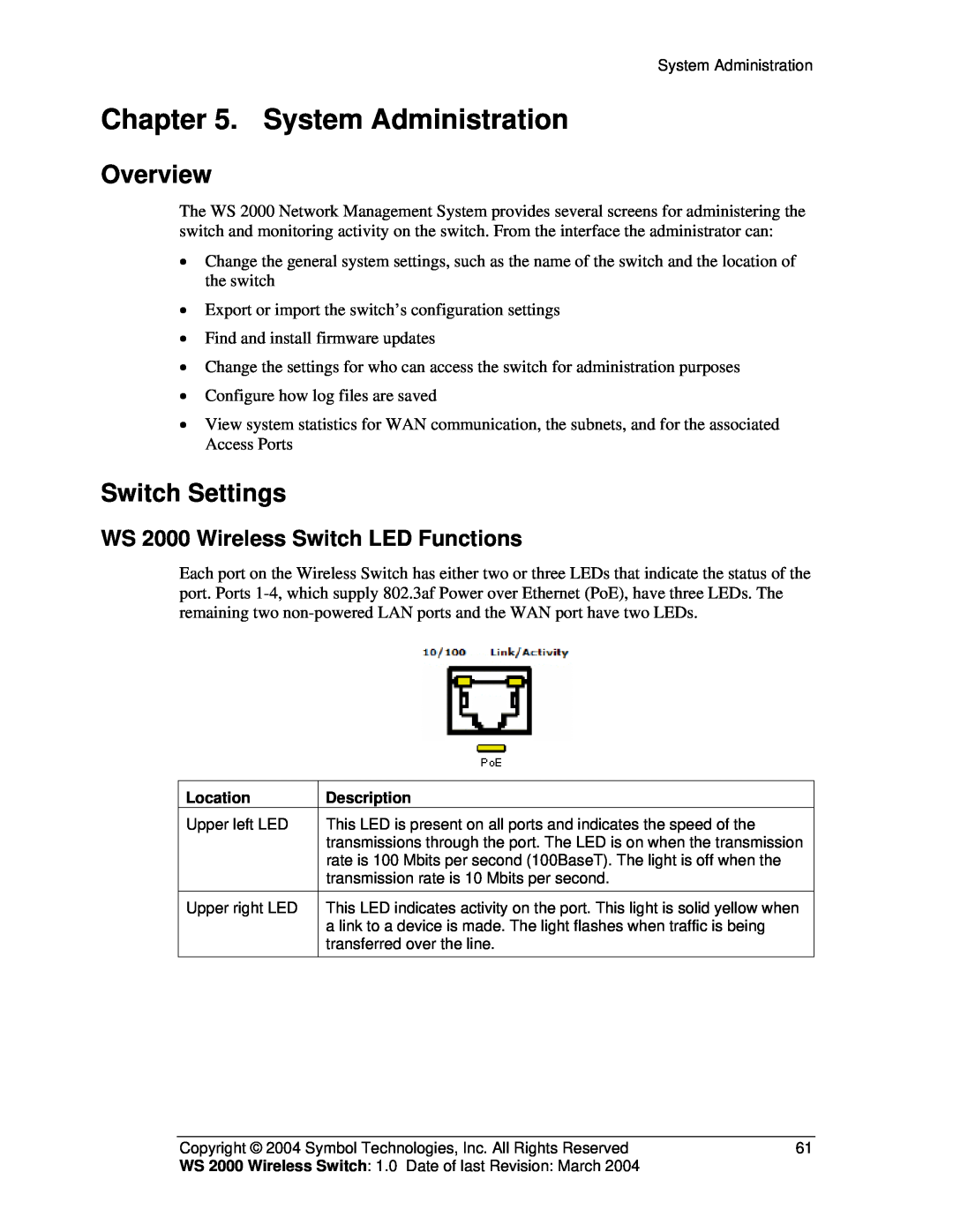 Symbol Technologies manual System Administration, Overview, Switch Settings, WS 2000 Wireless Switch LED Functions 