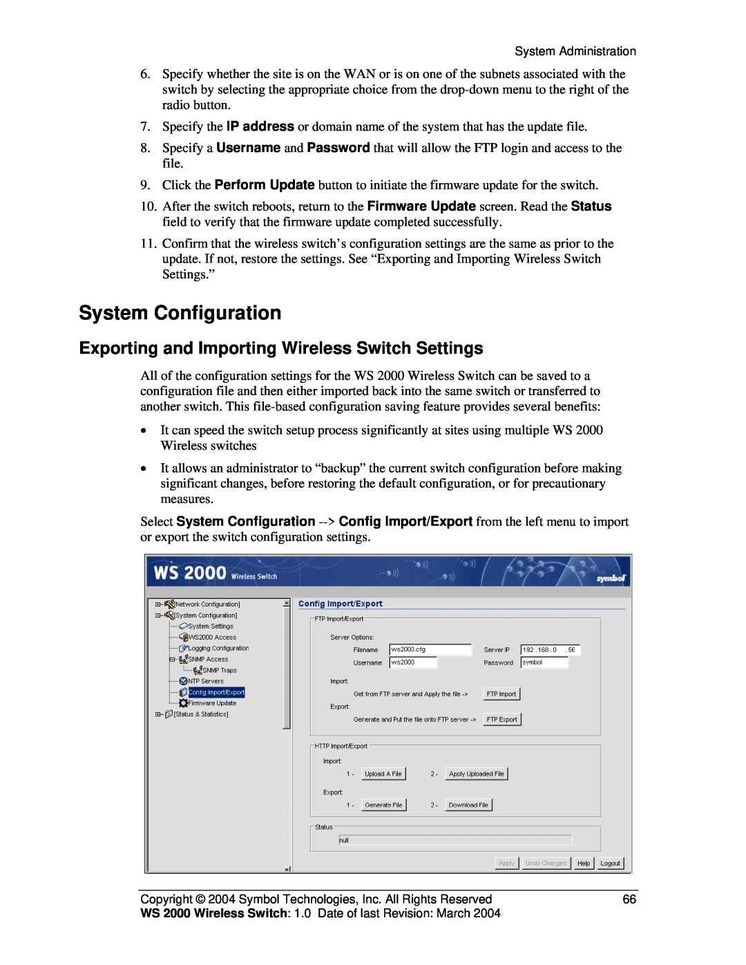 Symbol Technologies WS 2000 manual System Configuration, Exporting and Importing Wireless Switch Settings 