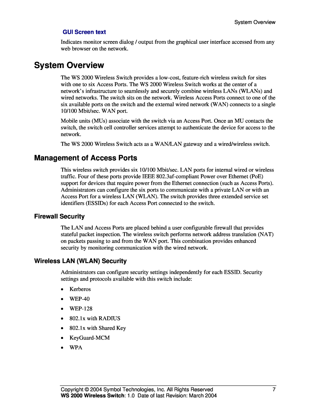 Symbol Technologies WS 2000 System Overview, Management of Access Ports, Firewall Security, Wireless LAN WLAN Security 