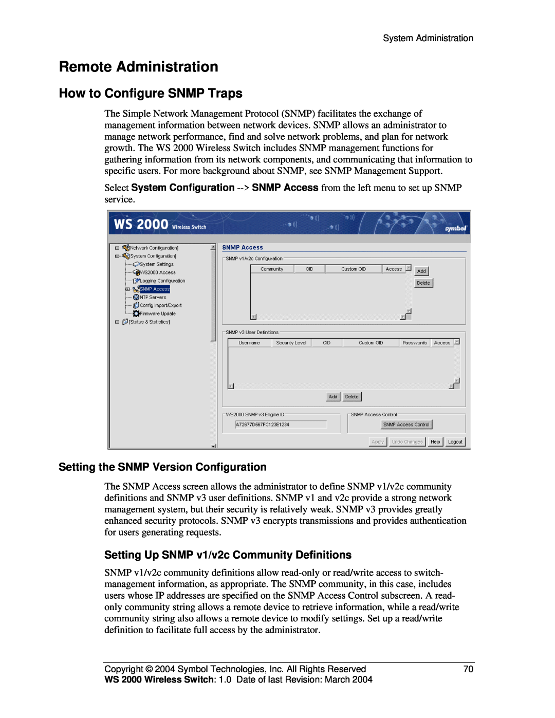Symbol Technologies WS 2000 Remote Administration, How to Configure SNMP Traps, Setting the SNMP Version Configuration 