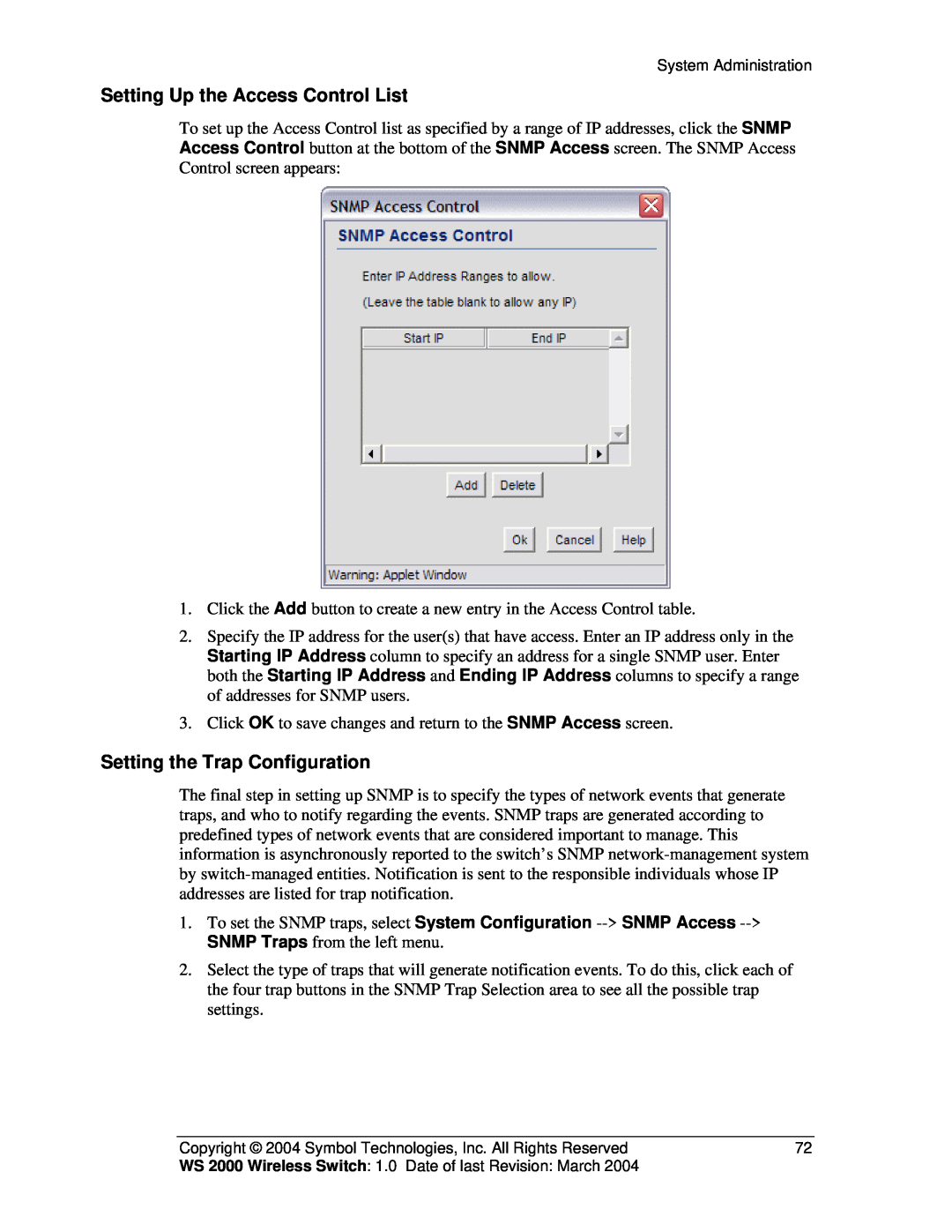 Symbol Technologies WS 2000 manual Setting Up the Access Control List, Setting the Trap Configuration 