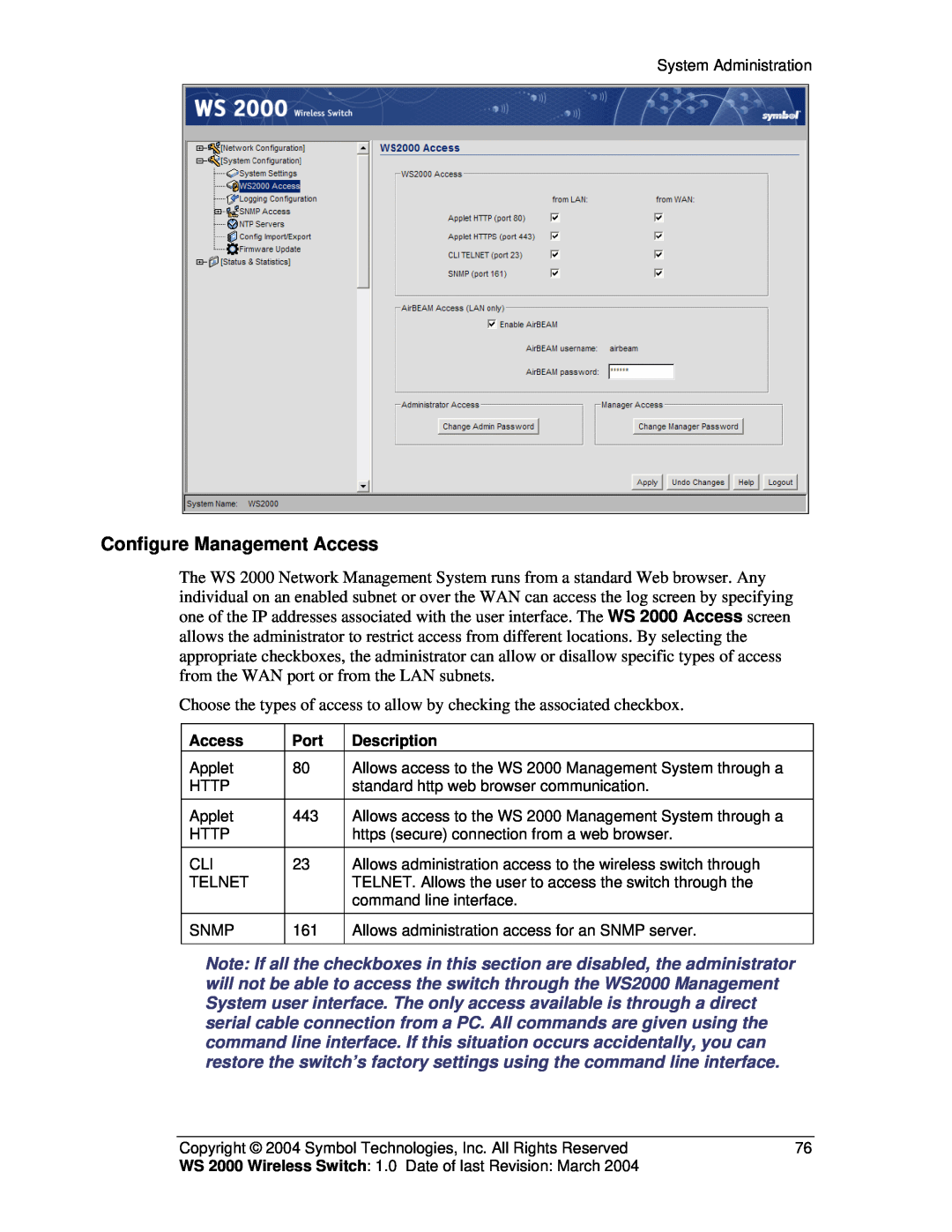 Symbol Technologies WS 2000 manual Configure Management Access 