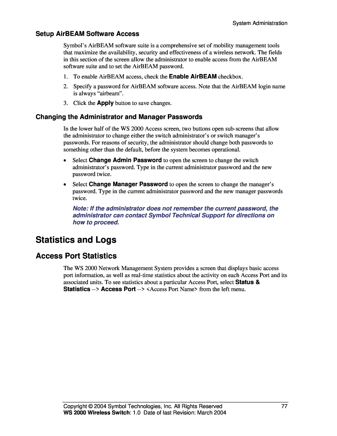 Symbol Technologies WS 2000 manual Statistics and Logs, Access Port Statistics, Setup AirBEAM Software Access 