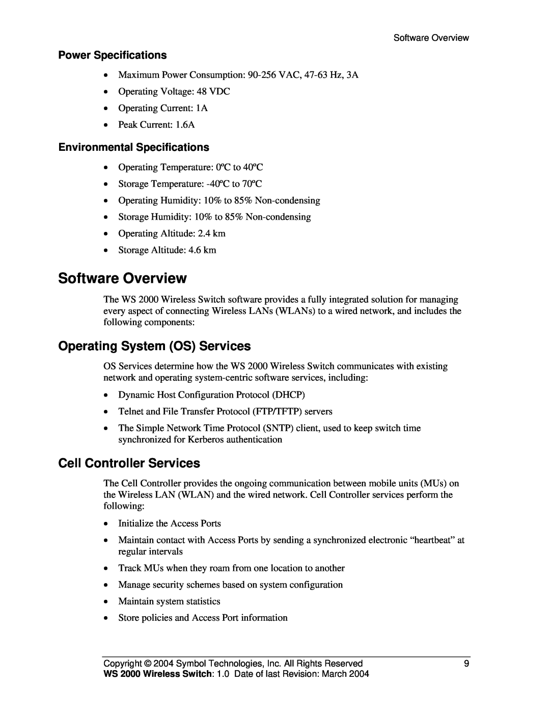 Symbol Technologies WS 2000 manual Software Overview, Operating System OS Services, Cell Controller Services 