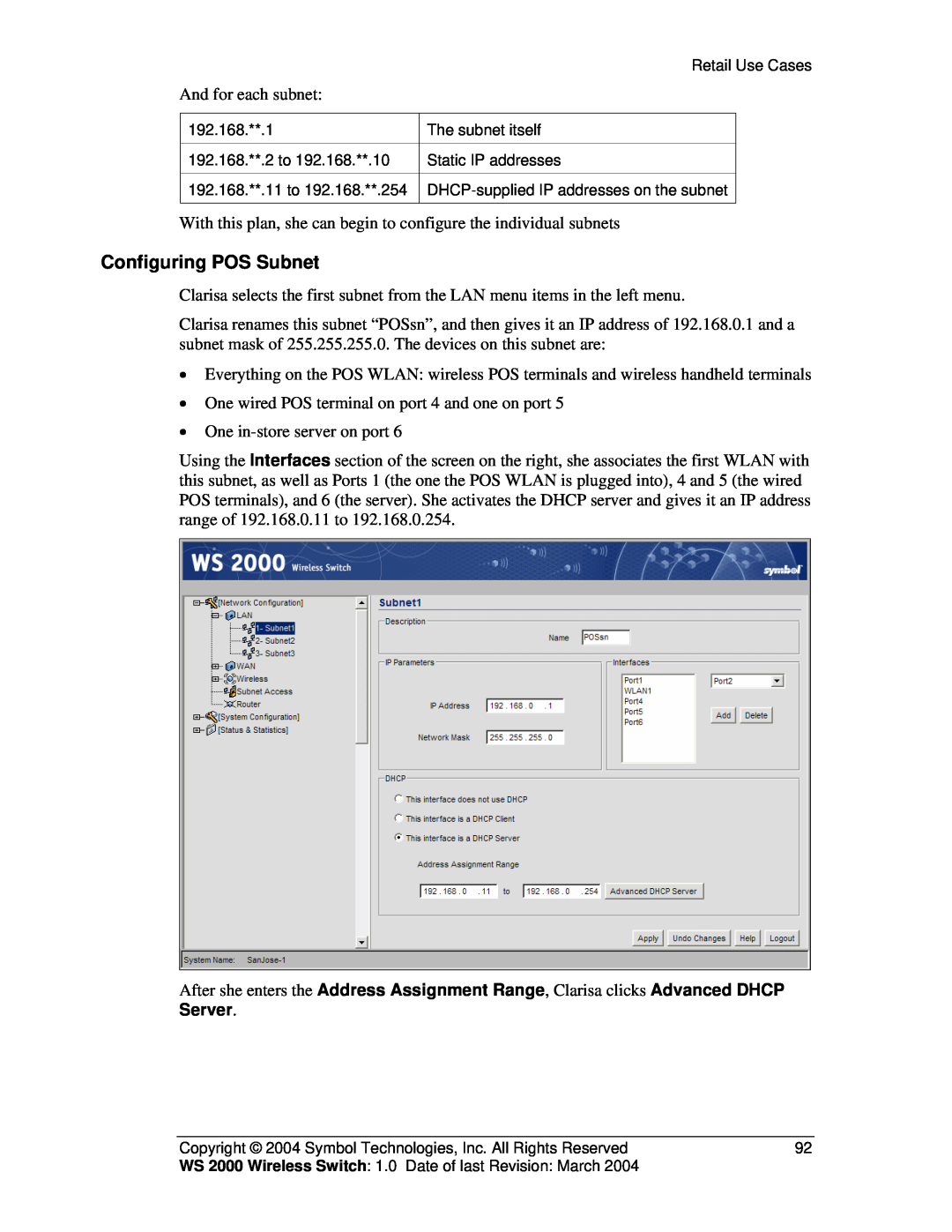 Symbol Technologies WS 2000 manual Configuring POS Subnet 