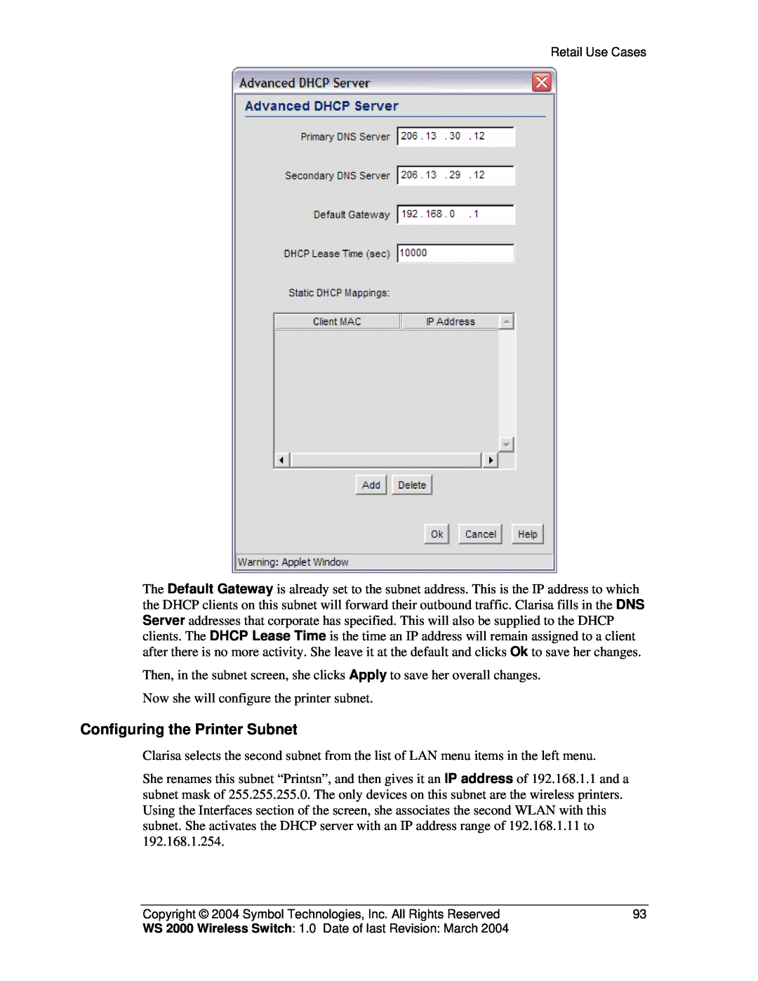 Symbol Technologies WS 2000 manual Configuring the Printer Subnet 