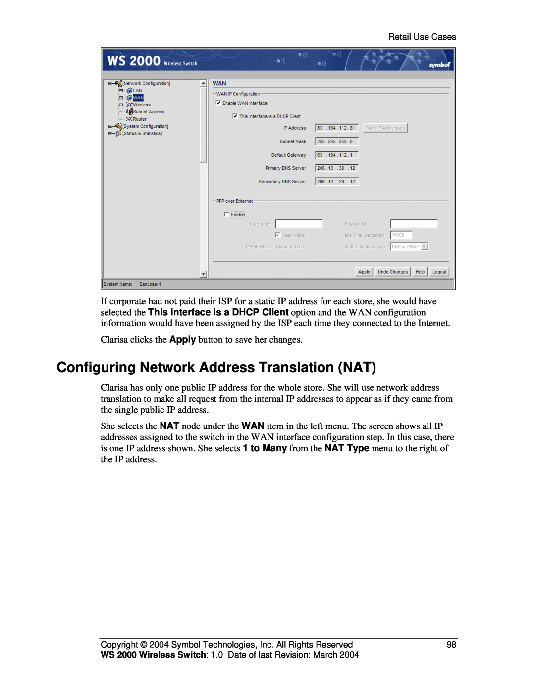 Symbol Technologies WS 2000 manual Configuring Network Address Translation NAT 