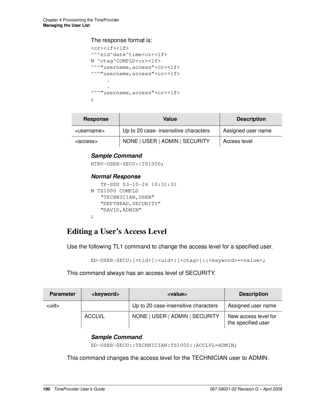 Symmetricom 1100, 1000 manual Editing a User’s Access Level, Response Value Description, None User Admin Security 