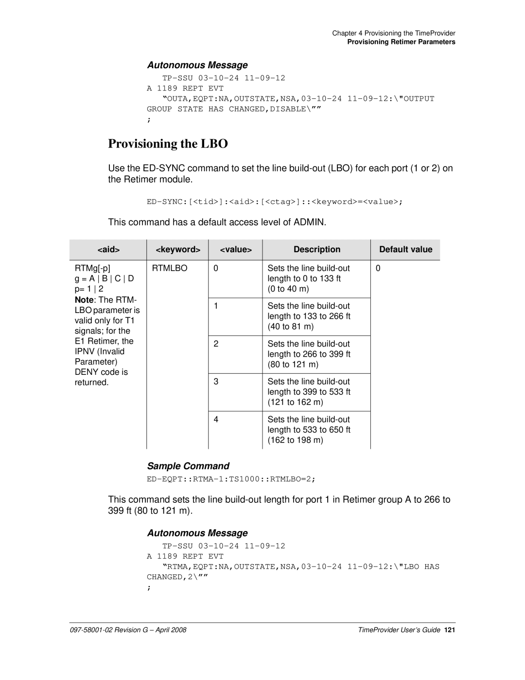 Symmetricom 1000, 1100 manual Provisioning the LBO, Rtmlbo 