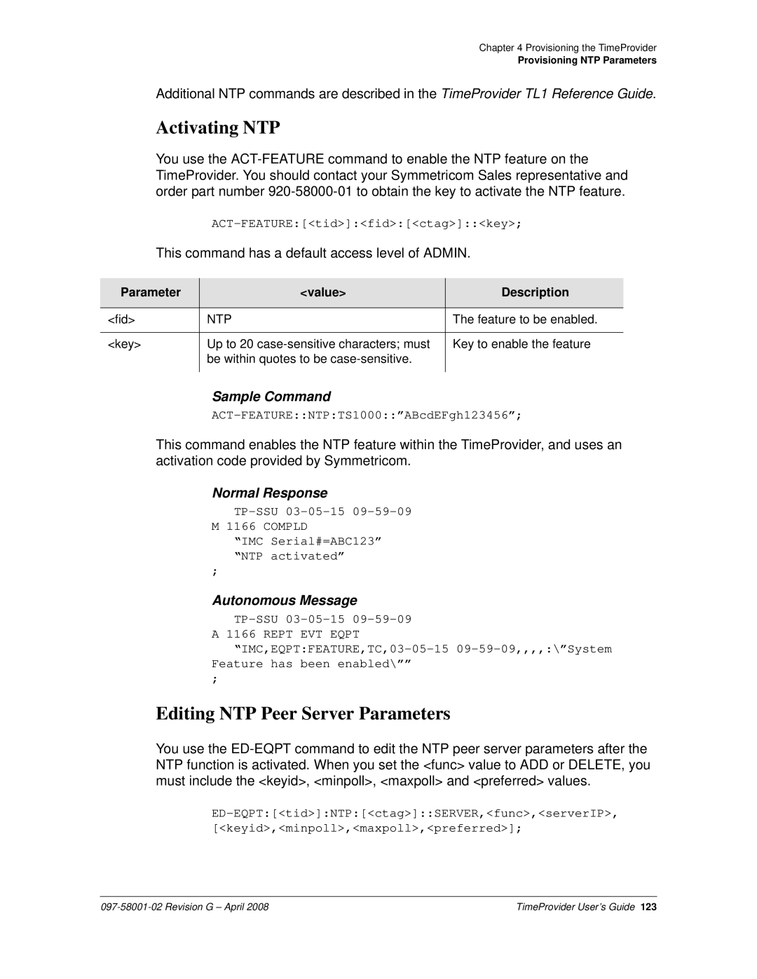 Symmetricom 1000, 1100 manual Activating NTP, Editing NTP Peer Server Parameters 