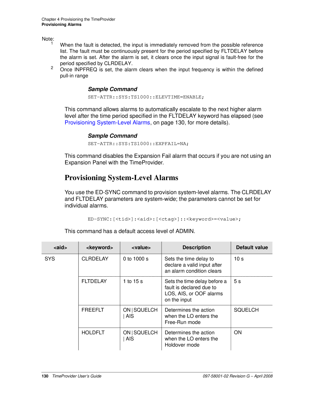 Symmetricom 1100, 1000 manual Provisioning System-Level Alarms 
