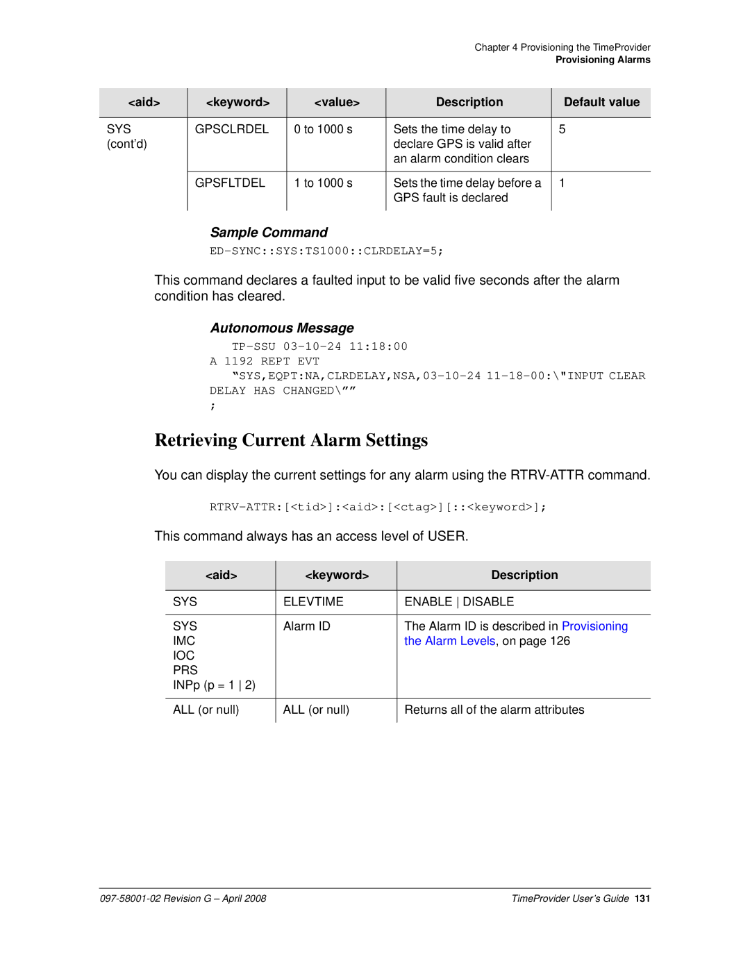 Symmetricom 1000 Retrieving Current Alarm Settings, SYS Gpsclrdel, Aid Keyword Description, SYS Elevtime Enable Disable 